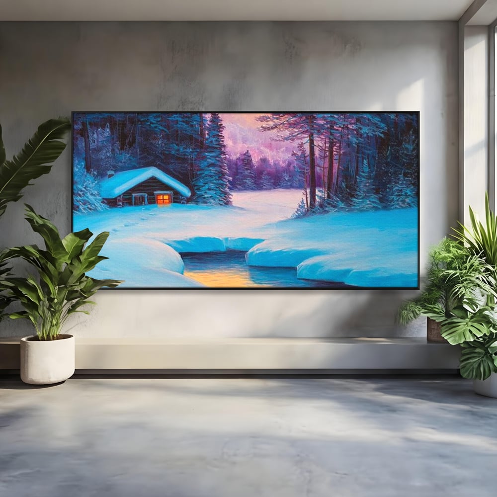 Tablou canvas cu pictura cu cabana inzapezita si parau, in rama de aluminiu negru